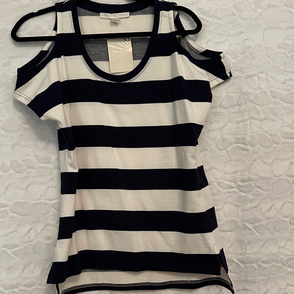 Boston Proper Navy and White Striped Cold Shoulder Tee